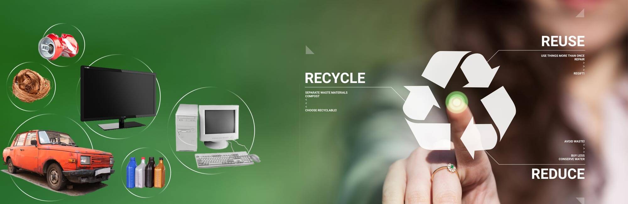 Large Recycle symbol surrounded by Recycle, Reuse, Reduce wording and various items that Albany Recycling Center accepts